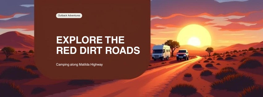 A 4WD vehicle parked on a red dirt road in outback Queensland at sunset along the Matilda Highway