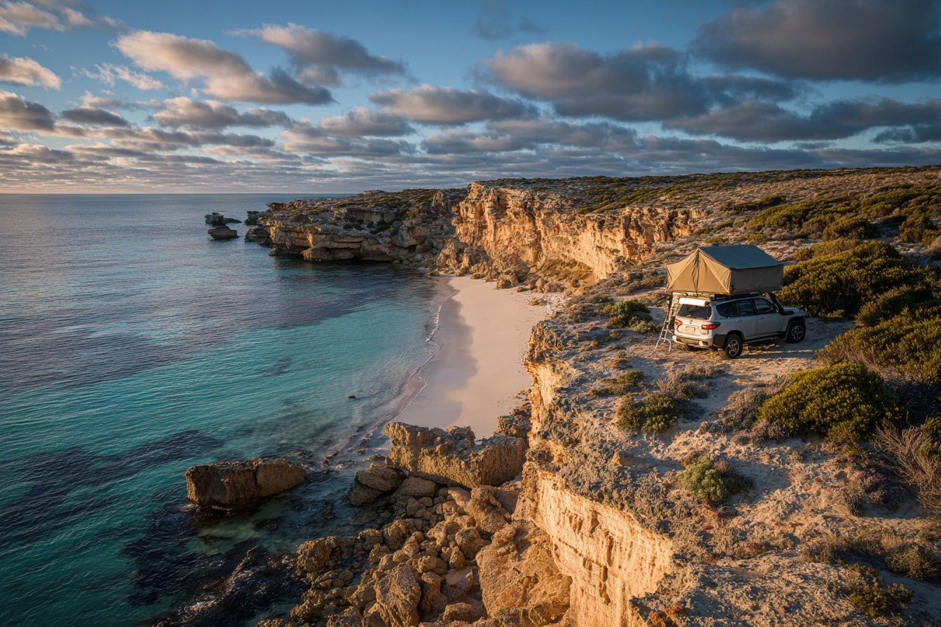 Yorke Peninsula Camping — 4WD vehicle at clifftop campsite overlooking Southern Ocean | Outcamp