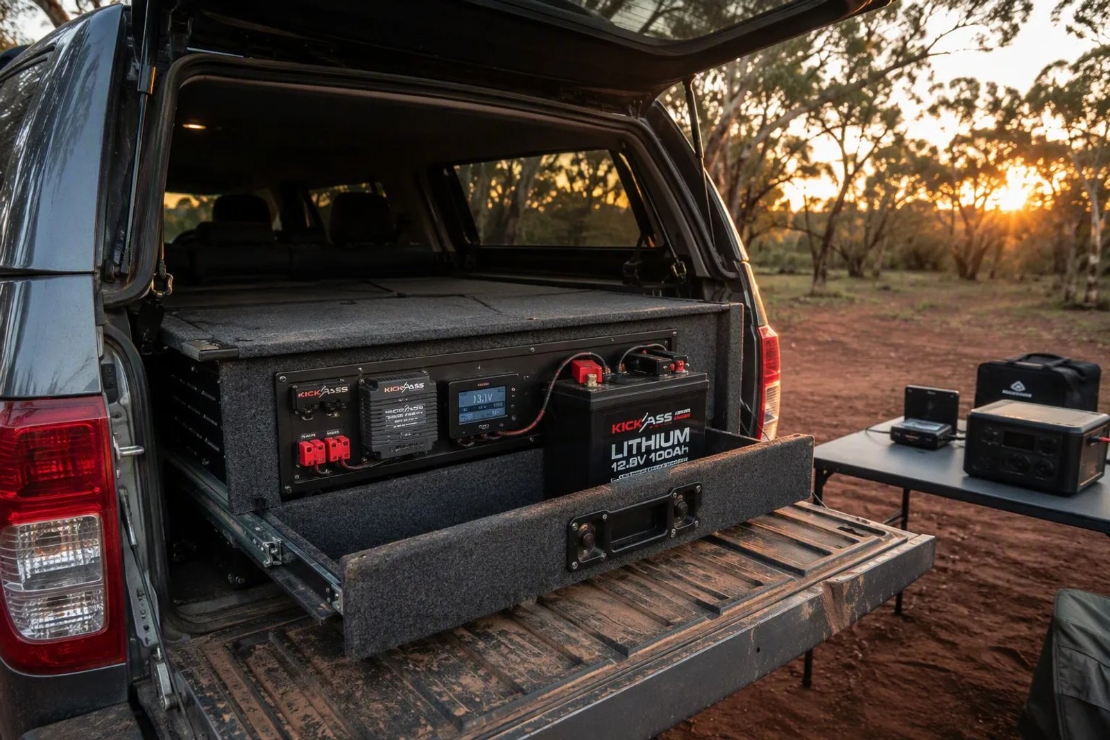 Open 4WD canopy drawer system at an Australian campsite showing a lithium battery, smart battery monitor and DC-DC charger at golden hour