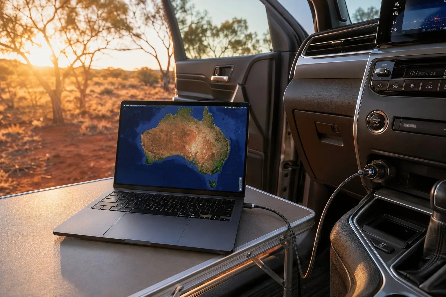 High-end laptop charging via a braided USB-C PD 3.1 cable from a 12V dashboard socket in a 4WD vehicle, with an Australian outback sunset visible through the door.