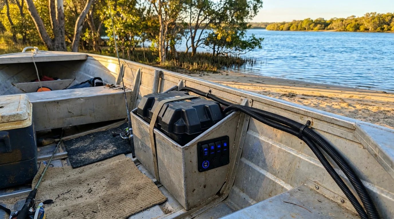 Interior of a neatly wired aluminum fishing tinny parked on an Australian tidal estuary, showing a rugged marine battery box, conduit-routed cables, and a backlit blue marine switch panel at golden hour