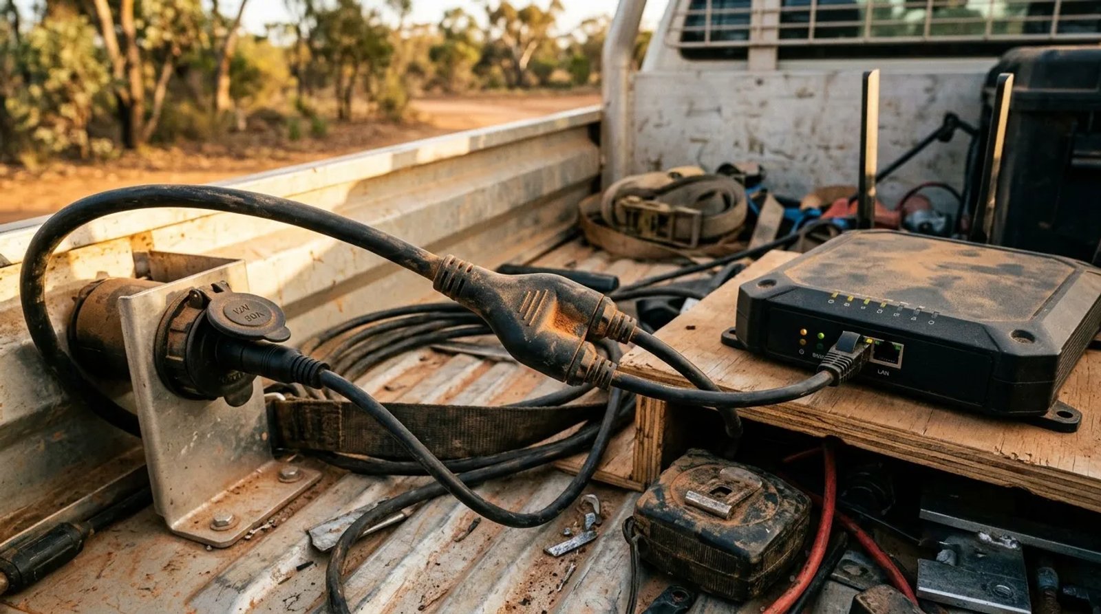 Close-up of a Starlink Mini 2-in-1 DC Power and RJ45 Data cable in a working 4WD vehicle setup at an Australian worksite at golden hour
