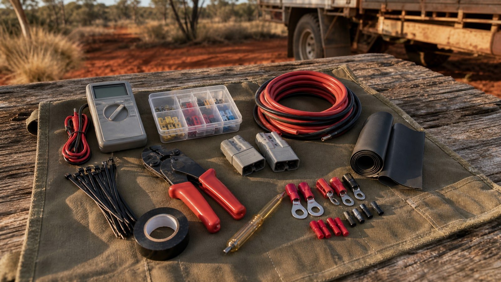 An open canvas tool roll on a timber camp table with a 12V spares kit: multimeter and test leads, a box of blade fuses, Anderson connectors, crimping pliers, lugs, heat shrink, coiled twin-core cable and cable ties, red dirt behind