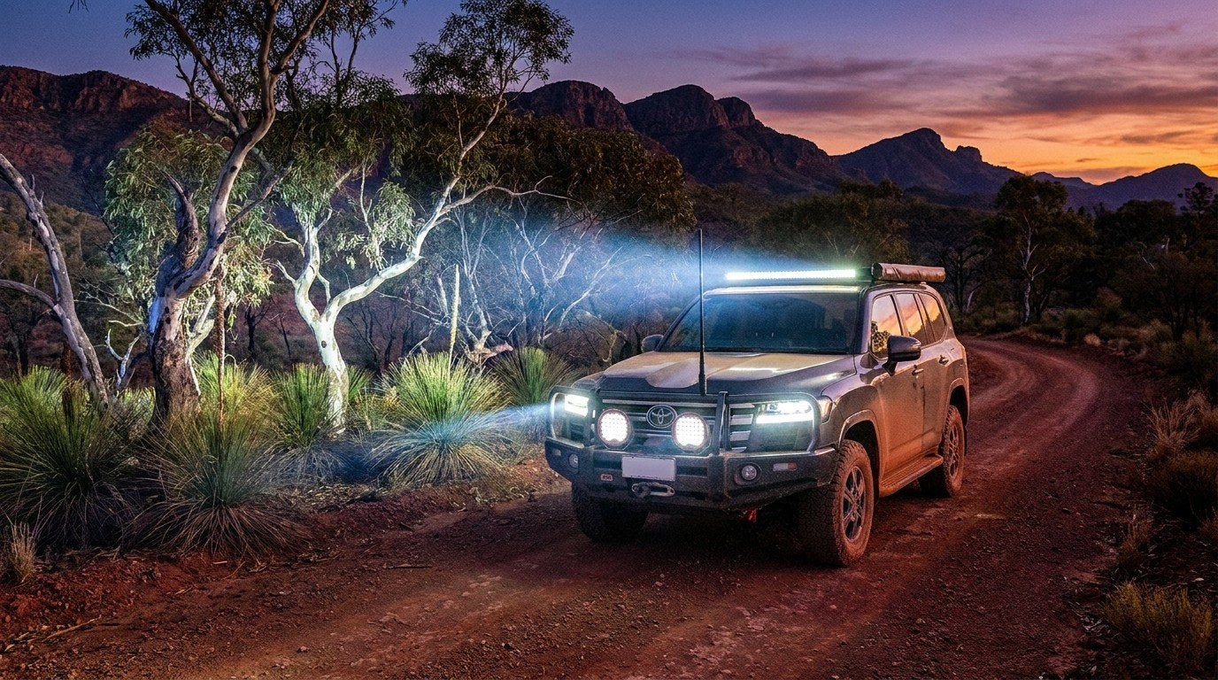 A charcoal Toyota LandCruiser 300 Series with high-performance LED driving lights turned on at dusk in the Flinders Ranges.
