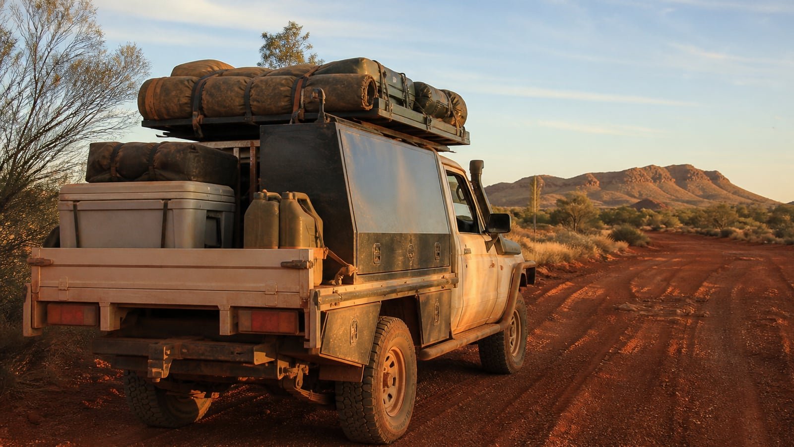 Touring 4WD ute with a roof rack and canopy loaded with camp gear, parked on a red dirt track beside eucalypts in outback Australia at golden hour