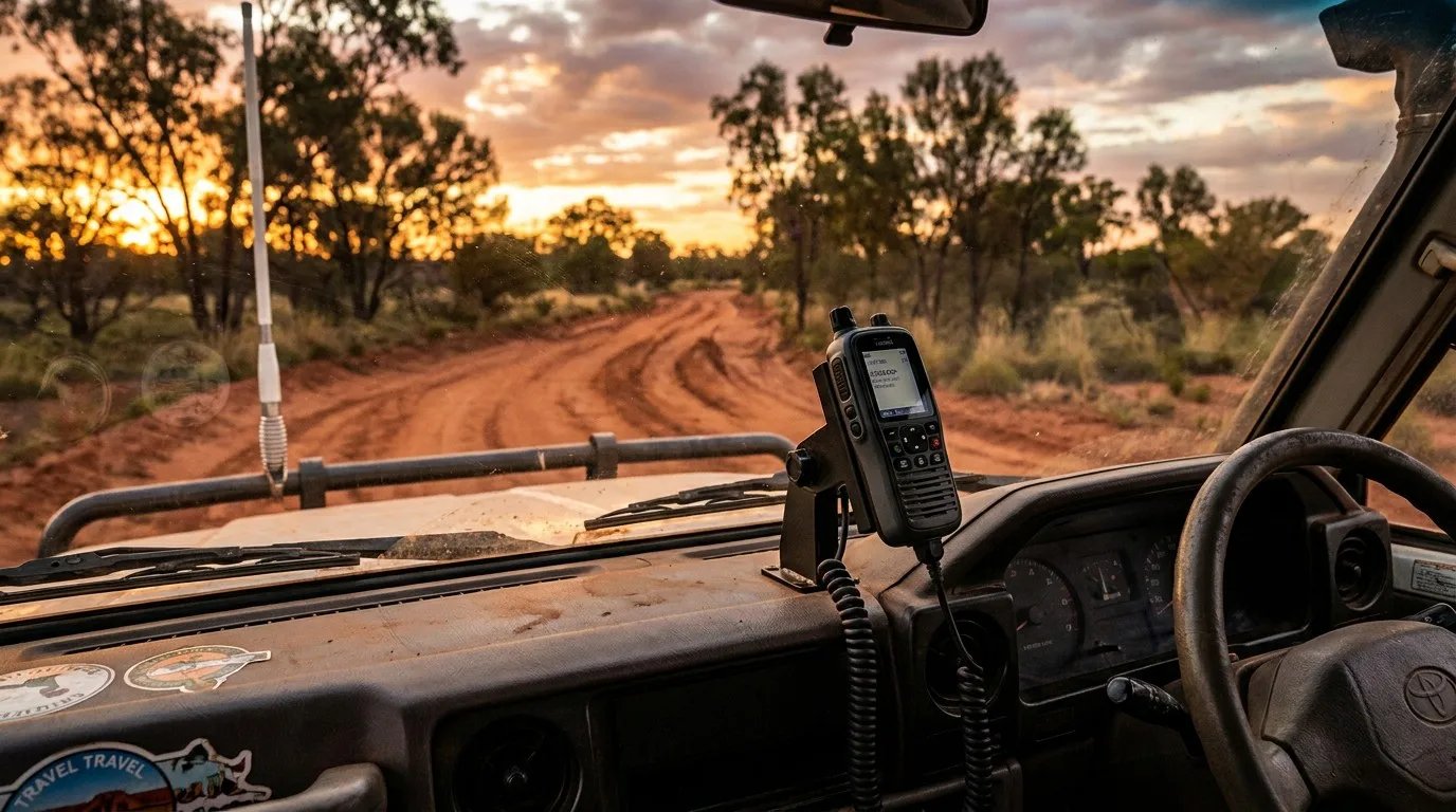 A rugged 4WD dashboard with a UHF radio handset mounted next to the steering wheel, overlooking an Australian outback trail at sunset.