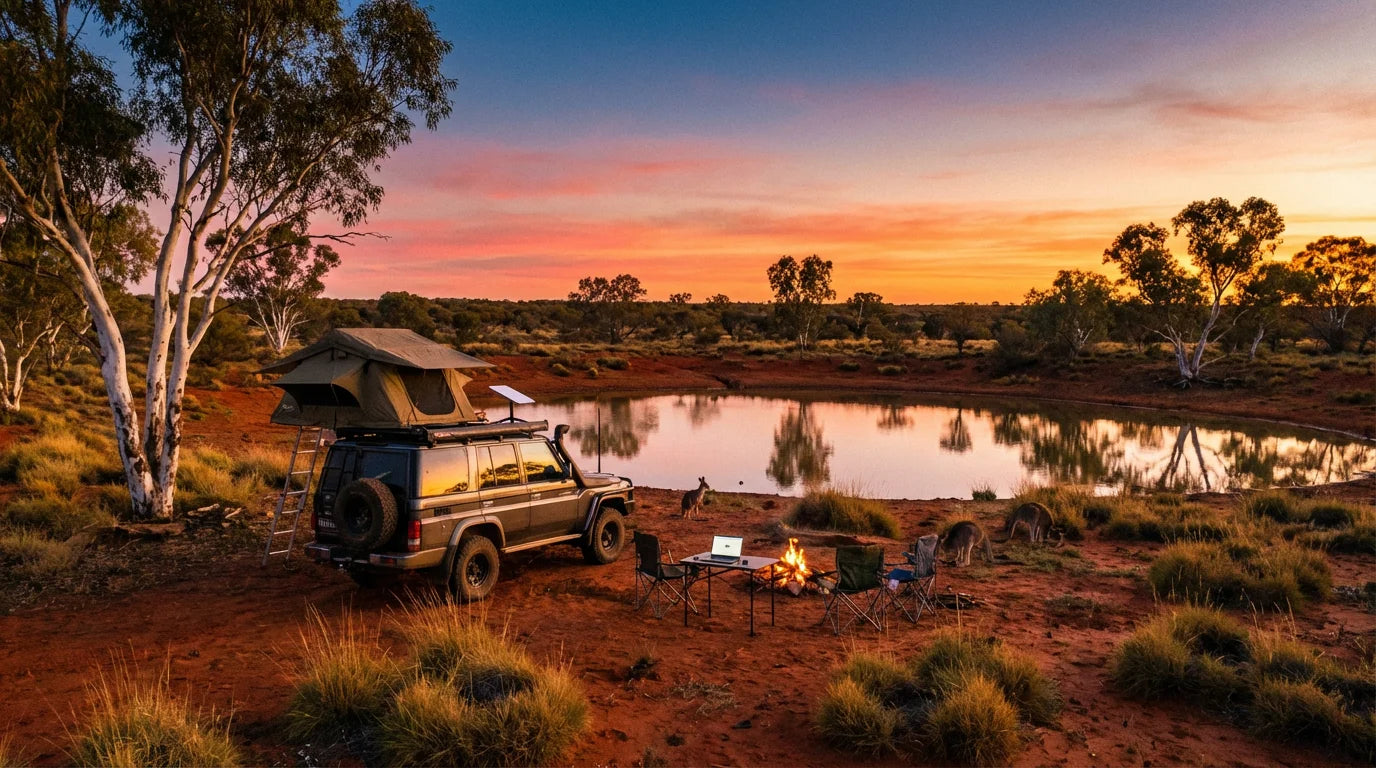 Australian outback camping setup with Starlink Mini satellite dish at golden hour