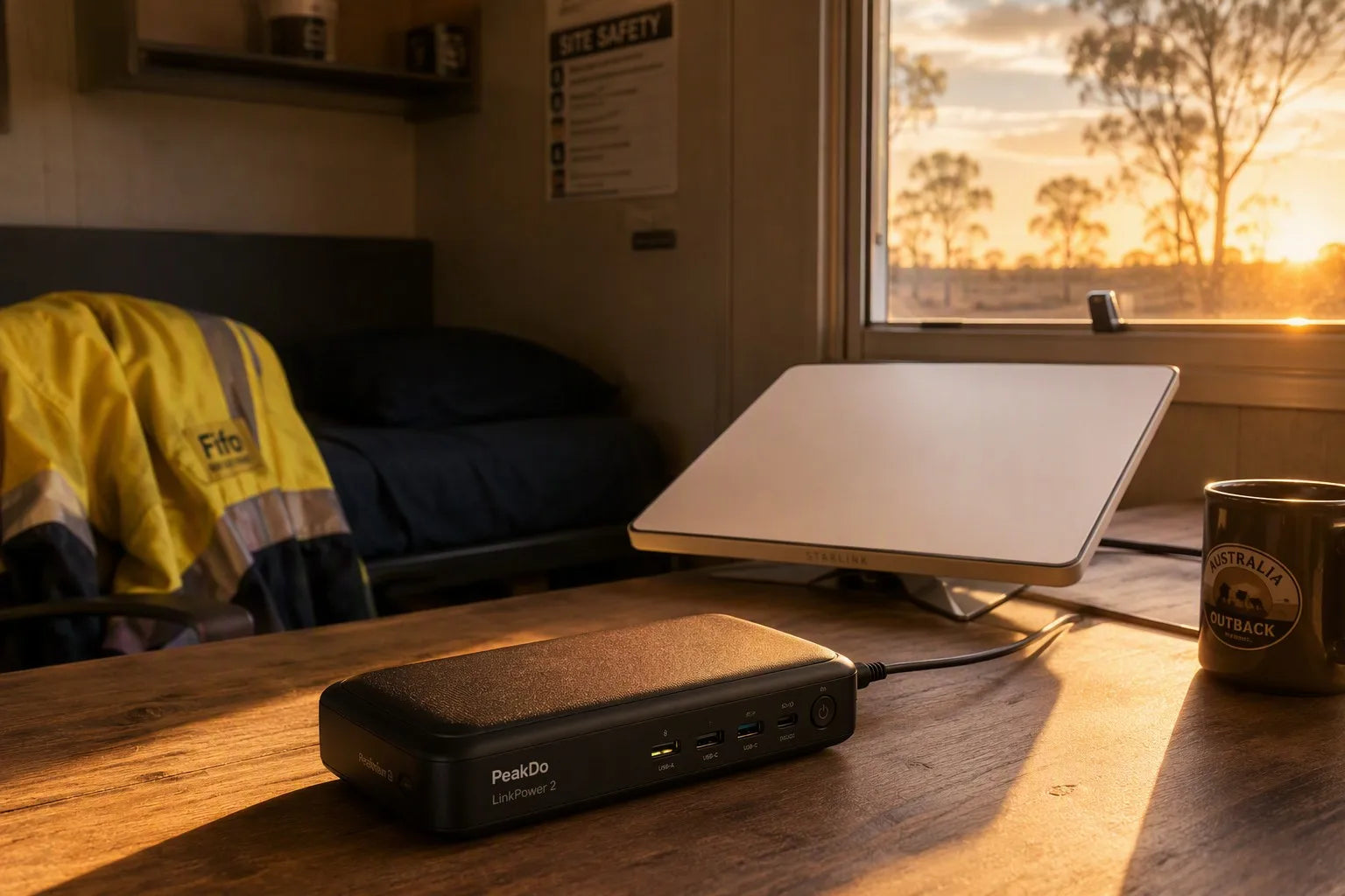 PeakDo LinkPower 2 and Starlink Mini in a FIFO donga at sunset