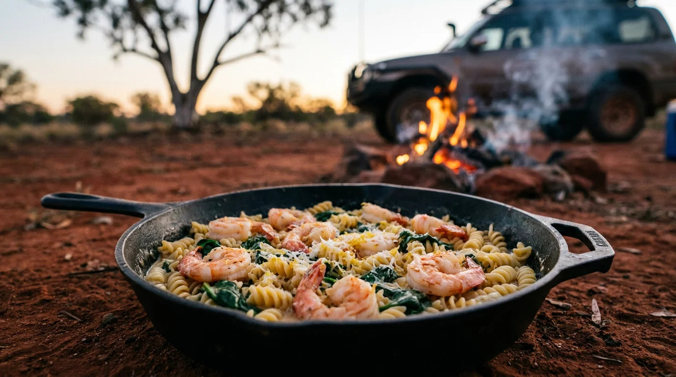 Magazine-quality shot of creamy garlic prawn pasta with spinach and parmesan in a cast-iron skillet, set against an Australian outback campsite at dusk.