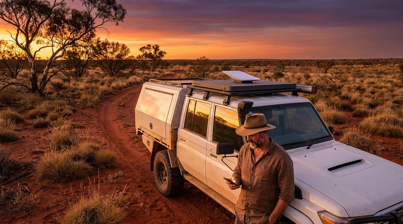 Man with Starlink Mini on LandCruiser in Australian outback at sunset