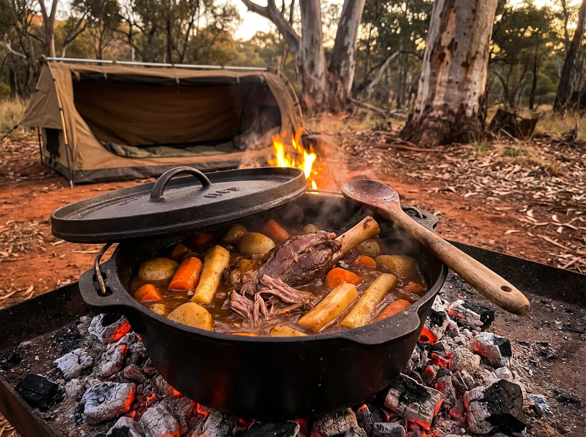 Camp oven lamb shank and root vegetable stew cooking over campfire coals in the Australian bush