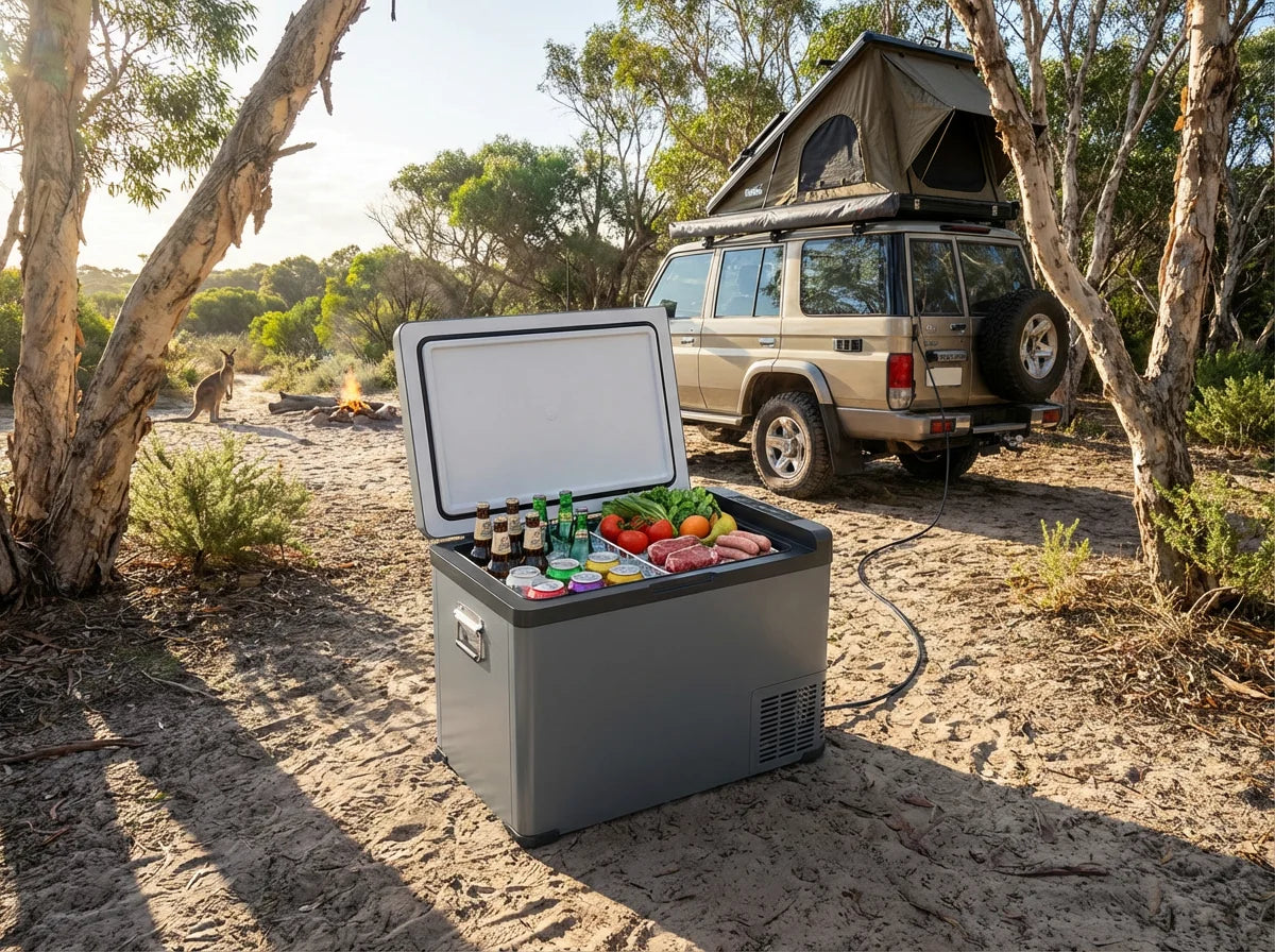 12V portable camping fridge open and stocked with drinks and fresh food at an Australian campsite with a 4WD and roof-top tent