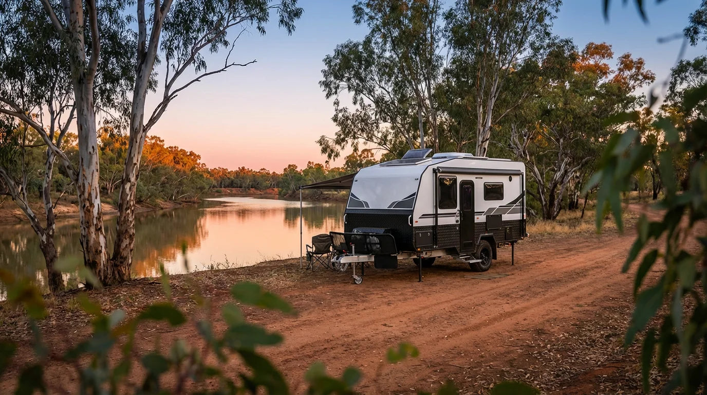 Modern white off-road caravan with solar panels and awning, parked beside a river at sunset in the Australian outback - Goldstream 1860 style compact tourer