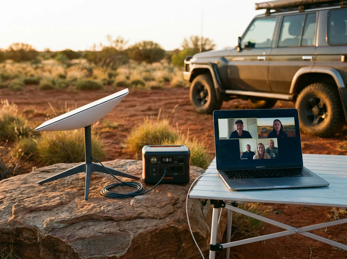 Starlink Mini satellite dish powered by a portable battery station in the Australian outback with a laptop showing a video call for remote work