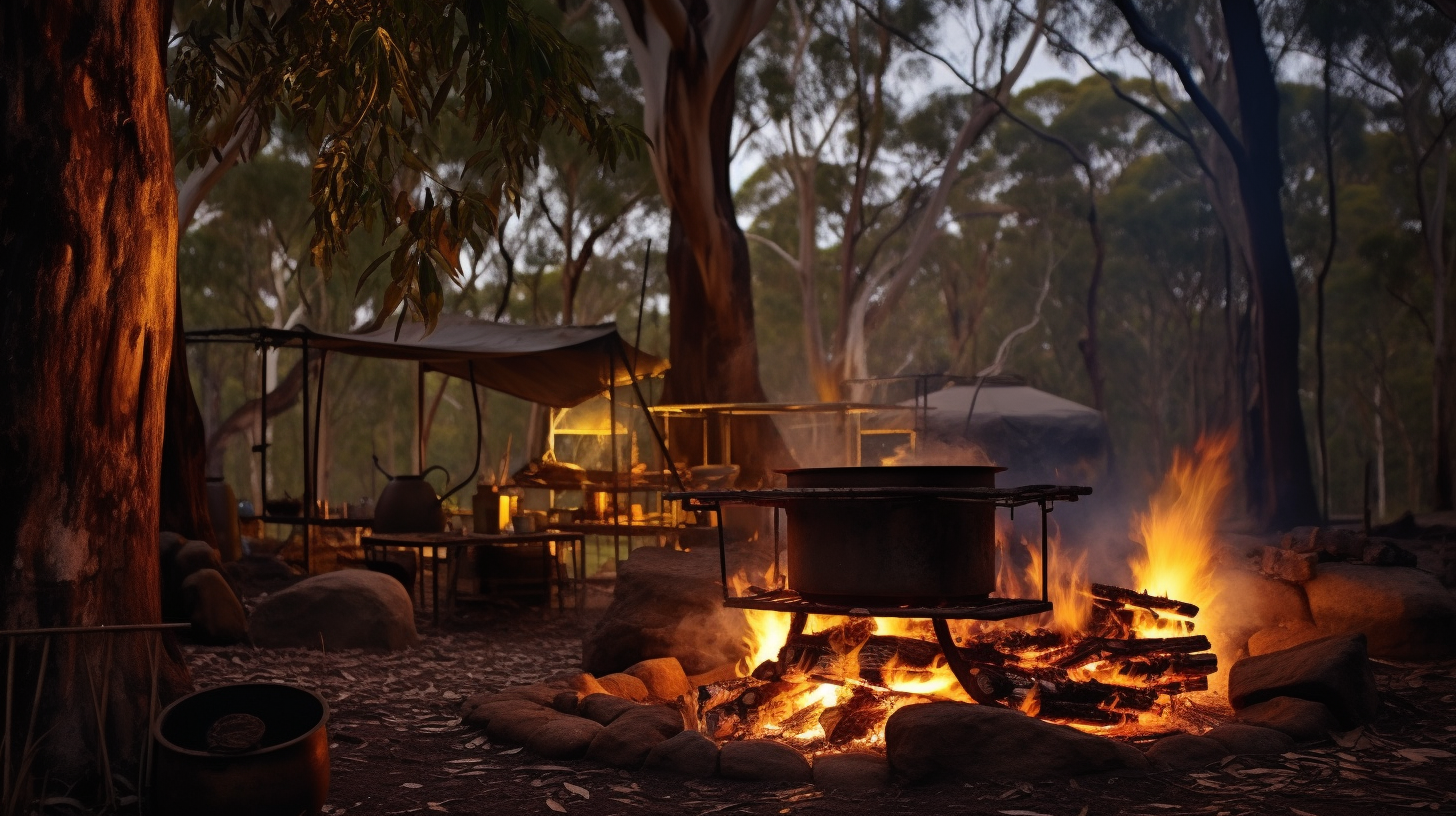 Cooking bread in the camp oven on the fire