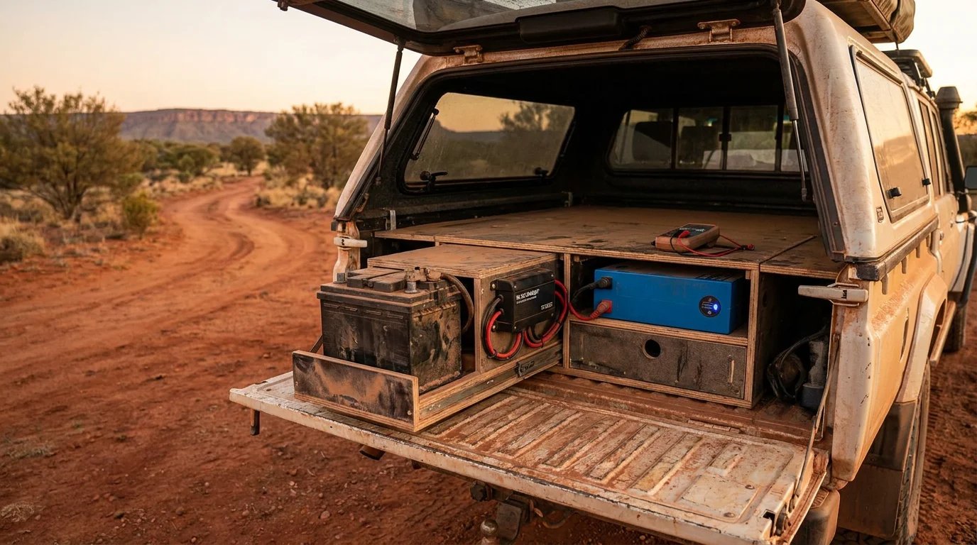 Open rear tailgate of a dusty 79 Series LandCruiser ute on a red dirt outback track at golden hour, showing a custom plywood drawer system with a black AGM battery on the left, a DC-DC charger and cabling in the middle and a blue lithium LiFe...