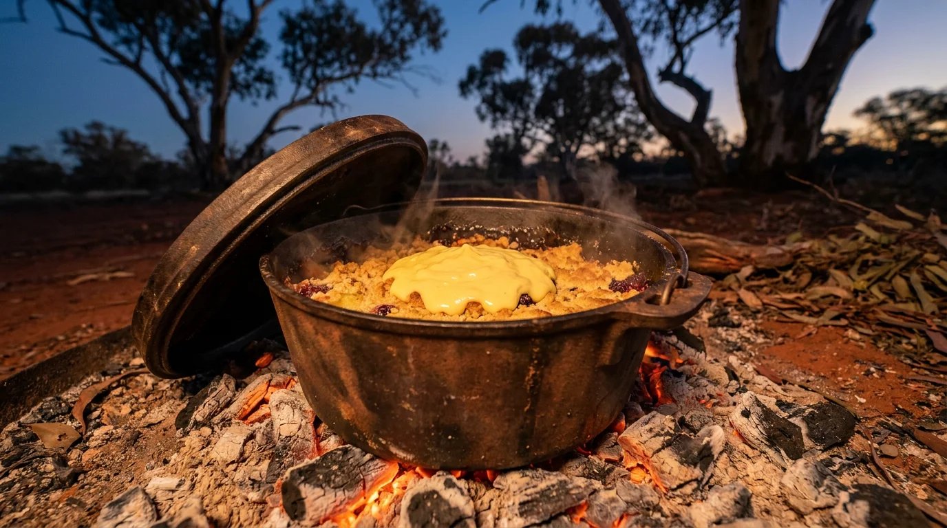 A rustic cast-iron camp oven sitting in campfire coals at twilight, filled with golden apple and blackberry crumble topped with yellow custard.