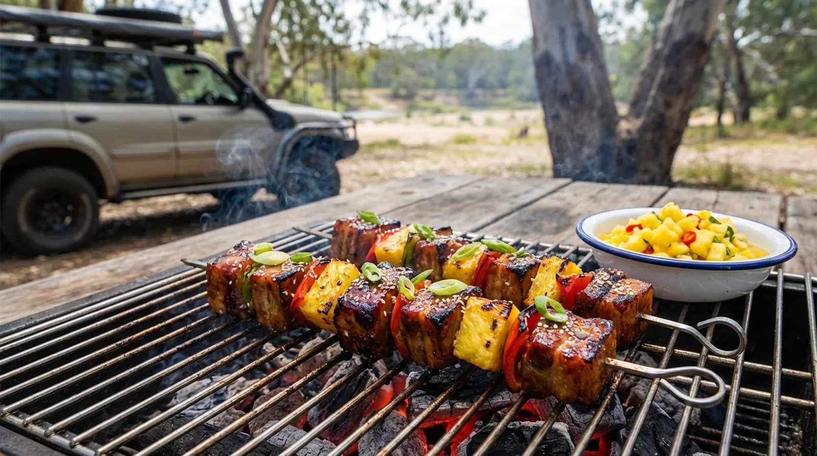 Asian BBQ pork belly skewers with pineapple salsa cooked over camp coals on grill grate at Australian bush campsite