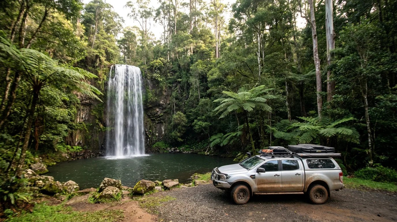 Millaa Millaa Falls in the Atherton Tablelands, Queensland, with a silver 4WD parked in the foreground during a clear winter morning.