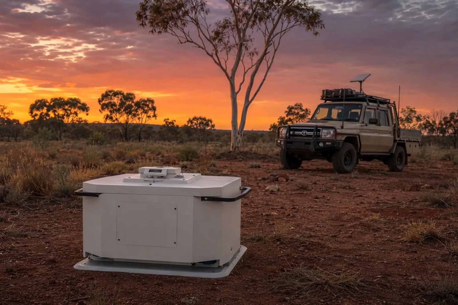 Drone-in-a-box landing station and 79 Series ute with Starlink Mini mount in the Pilbara at sunrise