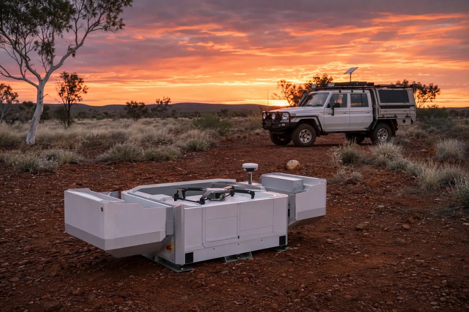Drone-in-a-box landing station and 79 Series ute with Starlink Mini mount in the outback at sunrise