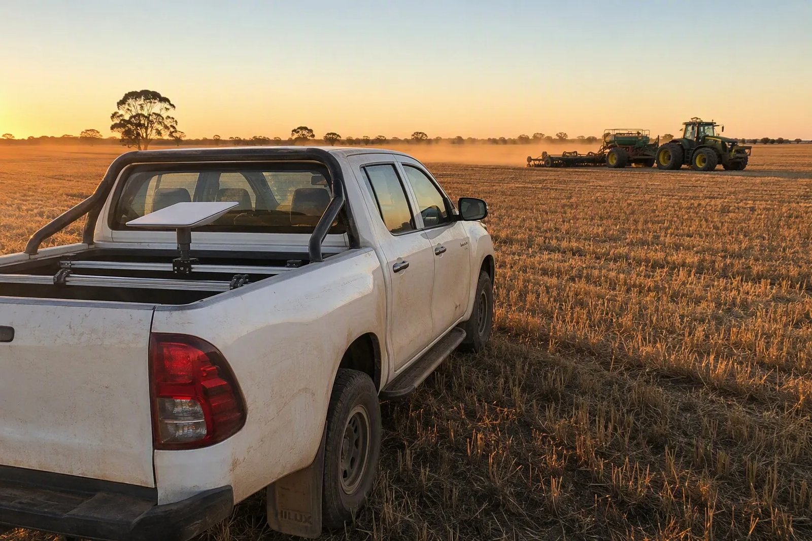 White Toyota Hilux with Starlink Mini rail mount in an Australian wheat field at golden hour
