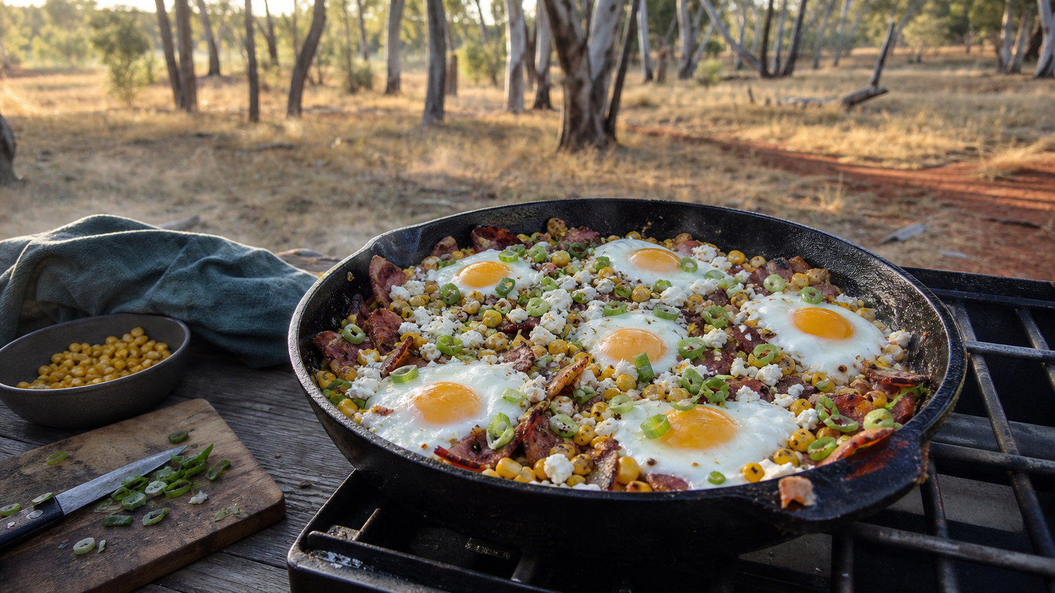 Cast-iron skillet of chopped bacon, sweetcorn and spring onion with six baked eggs and crumbled feta, on a camp stove at an Australian bush camp in morning light