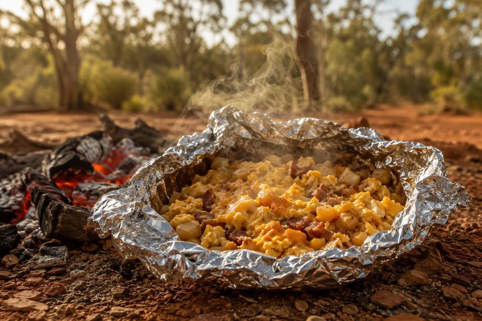 Opened foil parcel of golden scrambled egg, crispy bacon and soft potato cubes with melted cheese, steaming beside a campfire coal bed at an Australian bush campsite, gum trees in background