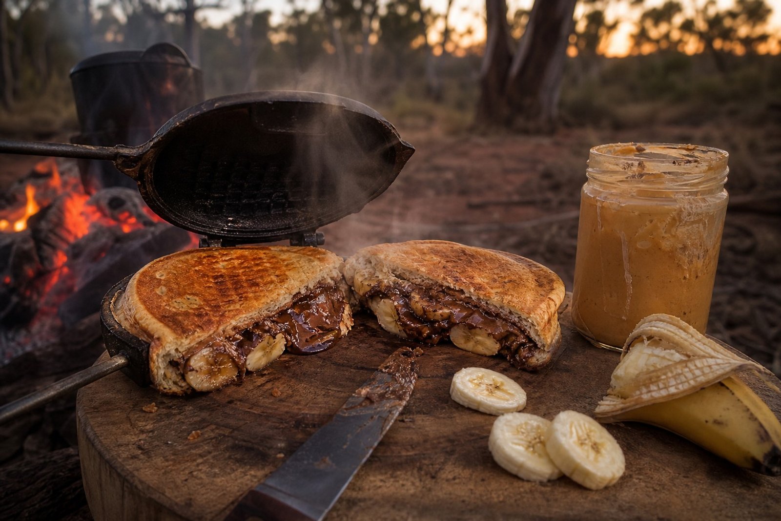 Open cast-iron jaffle iron over glowing campfire coals revealing a golden-toasted banana, chocolate and peanut butter jaffle cut in half with molten chocolate oozing, on a wooden board at an Australian bush campsite at dusk