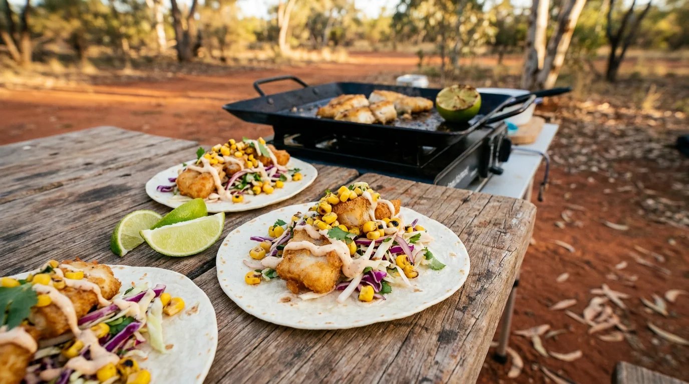 Three loaded fish tacos on a weathered timber camp table — soft flour tortillas piled with golden-crisp barramundi, smoky charred yellow corn, crunchy purple cabbage slaw and chipotle lime crema, with lime wedges beside and a steel hotplate s...