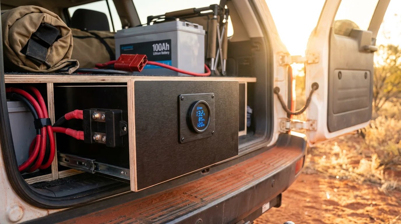 Tidy 12V battery monitor and shunt installed in the rear cargo drawer of an Australian 4WD wagon, with a 100Ah lithium battery, heavy red Anderson plug and golden-hour outback light through the open tailgate.