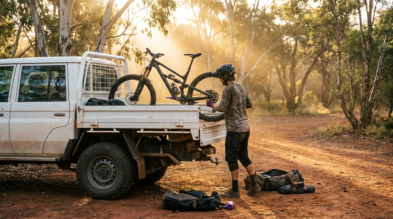 Mountain biker unloading full suspension MTB from LandCruiser 79 Series ute at dusty Australian trailhead at golden hour