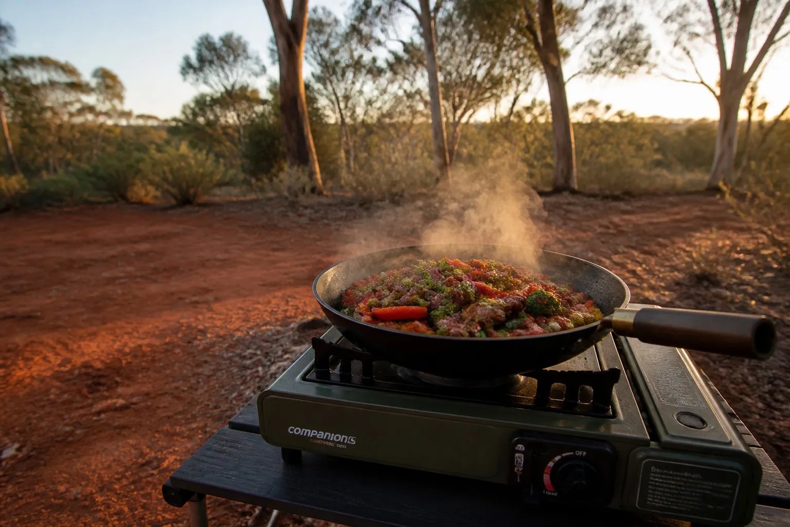 Sizzling beef and capsicum stir-fry being cooked in a wok on a portable two-burner camp gas stove at an Australian winter campsite, steam rising with gum trees in the background.
