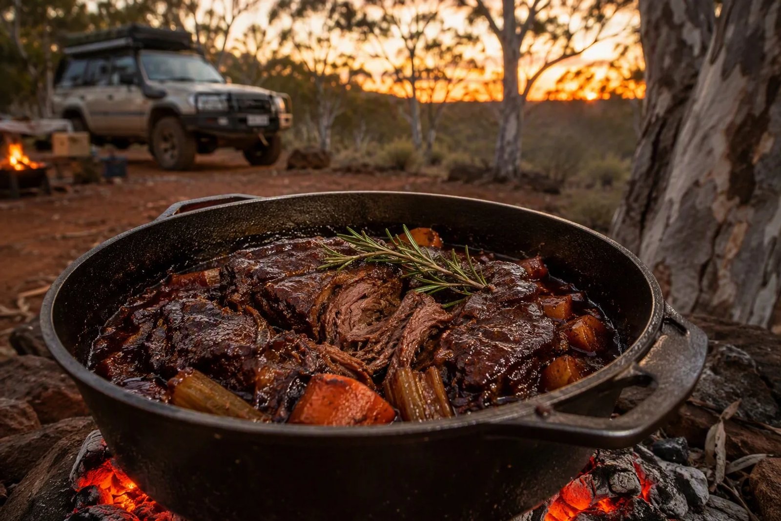 Dark, glossy slow-cooked beef cheeks in a rich red wine sauce with rosemary in a cast-iron camp oven over campfire coals.