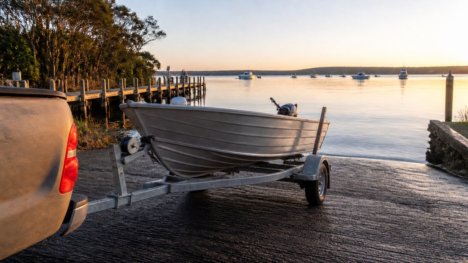 A small aluminium tinny on its galvanised trailer at the top of a concrete boat ramp at golden hour, tow vehicle at the frame edge, timber jetty and moored boats on calm estuary water.
