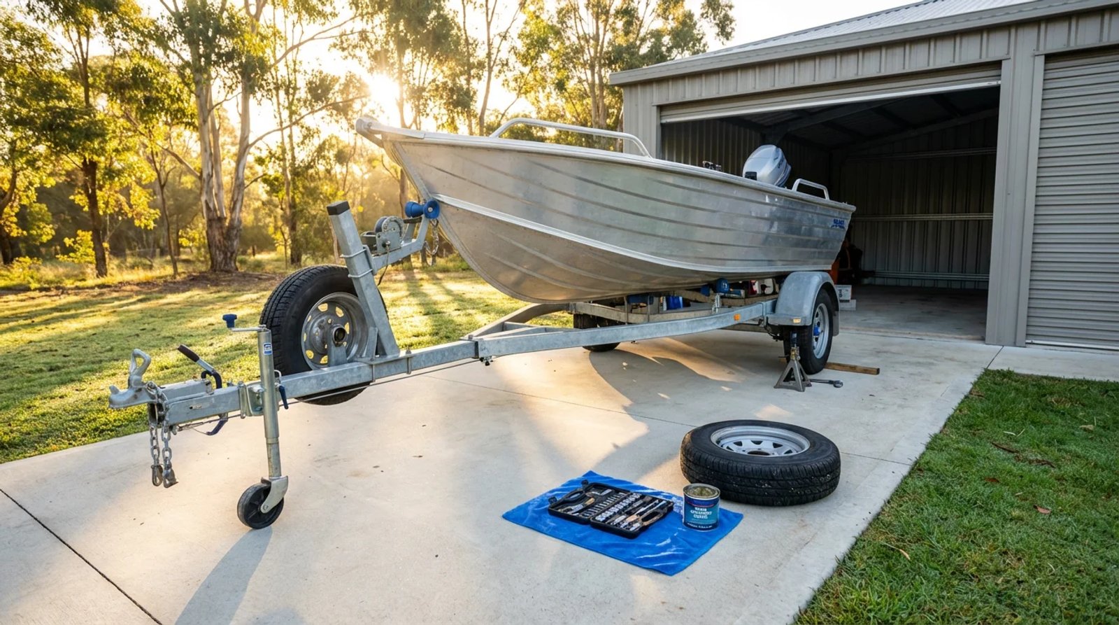 Galvanised Aussie boat trailer with 4.2m tinny parked on driveway, hub removed for autumn bearing service, spare wheel and toolkit laid out beside it