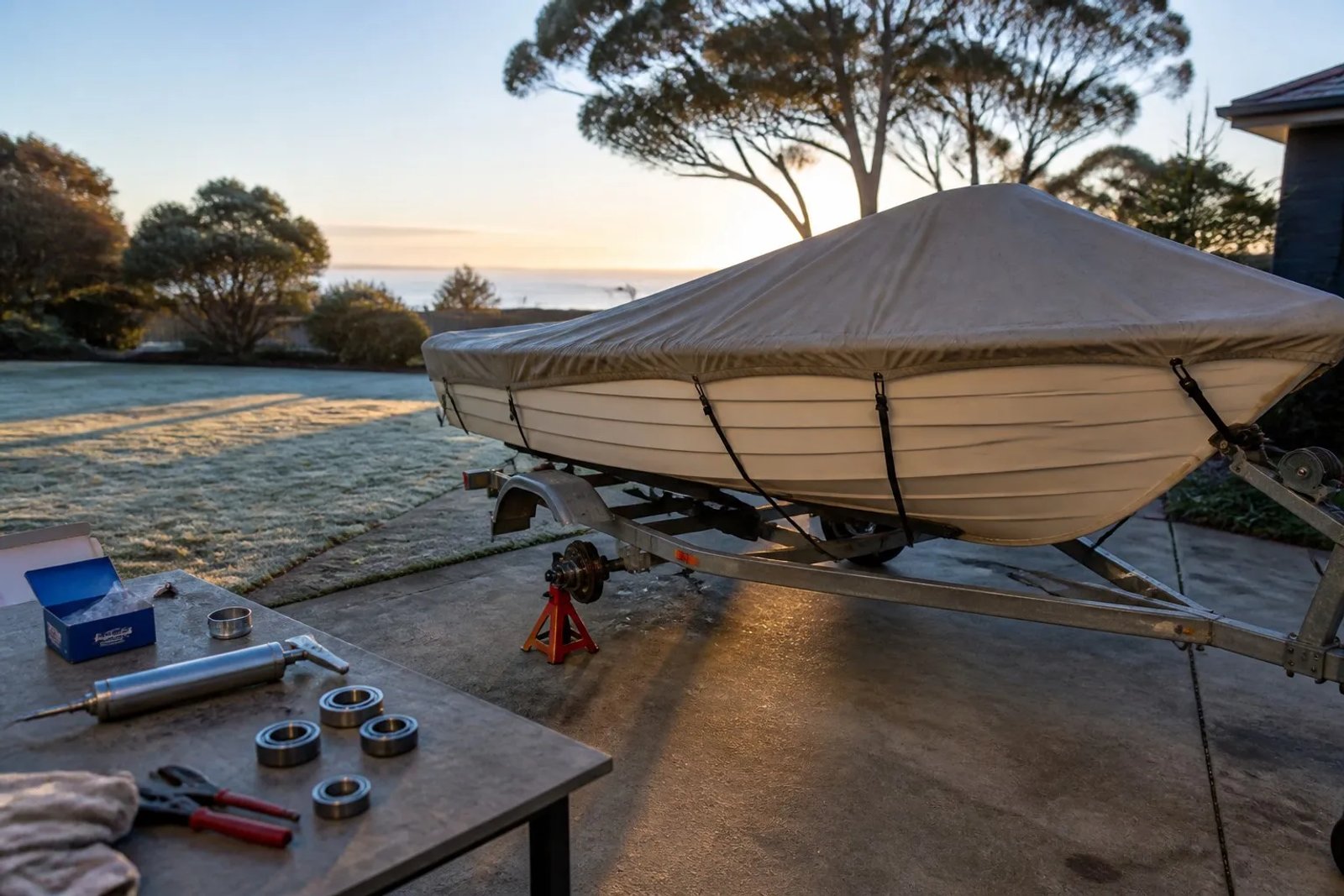 Boat trailer with a wheel removed on a jack at an Australian coastal home on a crisp winter morning, with a grease gun and bearing kit on the workbench nearby