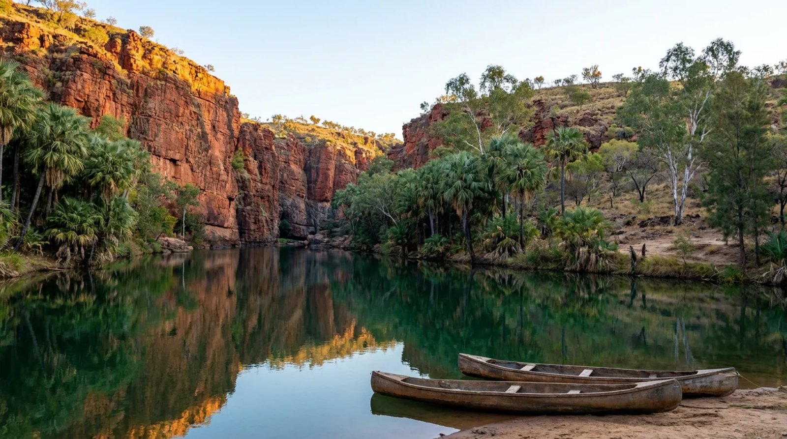Sunrise on the deep-red sandstone cliffs of Lawn Hill Gorge in Boodjamulla National Park, Queensland Gulf Country.