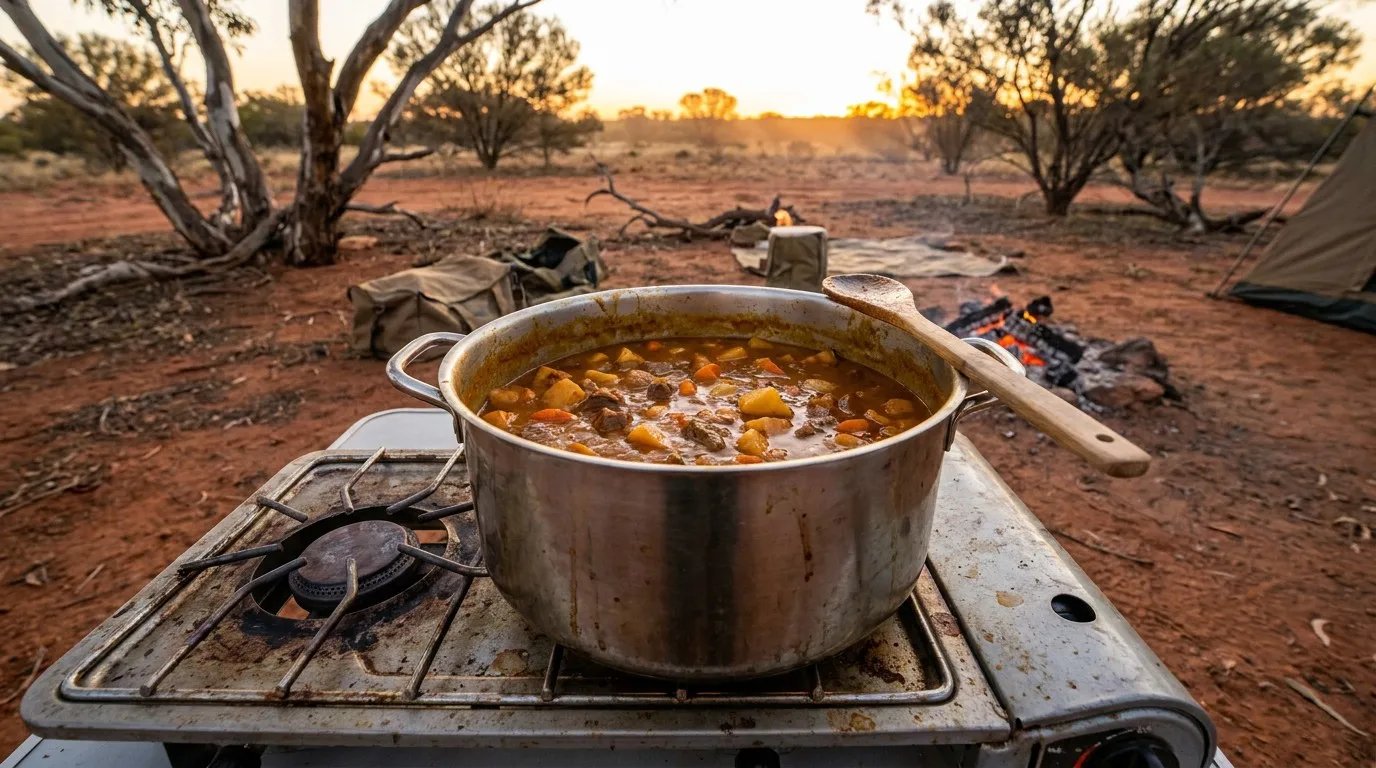 A rich, dark orange beef and vegetable curry simmering in a stainless steel pot on a portable camp gas stove at an outback campsite at dusk.