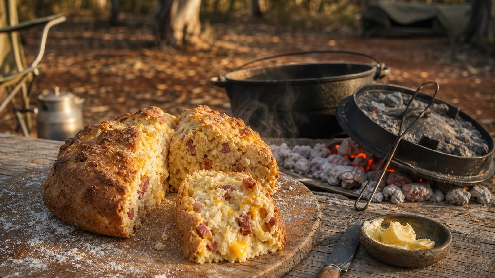 Camp oven bacon and cheese damper cut into wedges on a weathered camp table beside glowing coals, with a cast-iron camp oven, billy can and flour-dusted board at an Australian bush camp in golden-hour light.