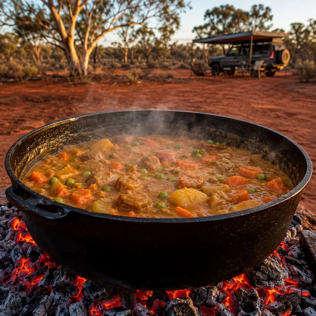 A steaming cast-iron camp oven at an Australian campsite containing curried sausage casserole with carrots and potatoes.