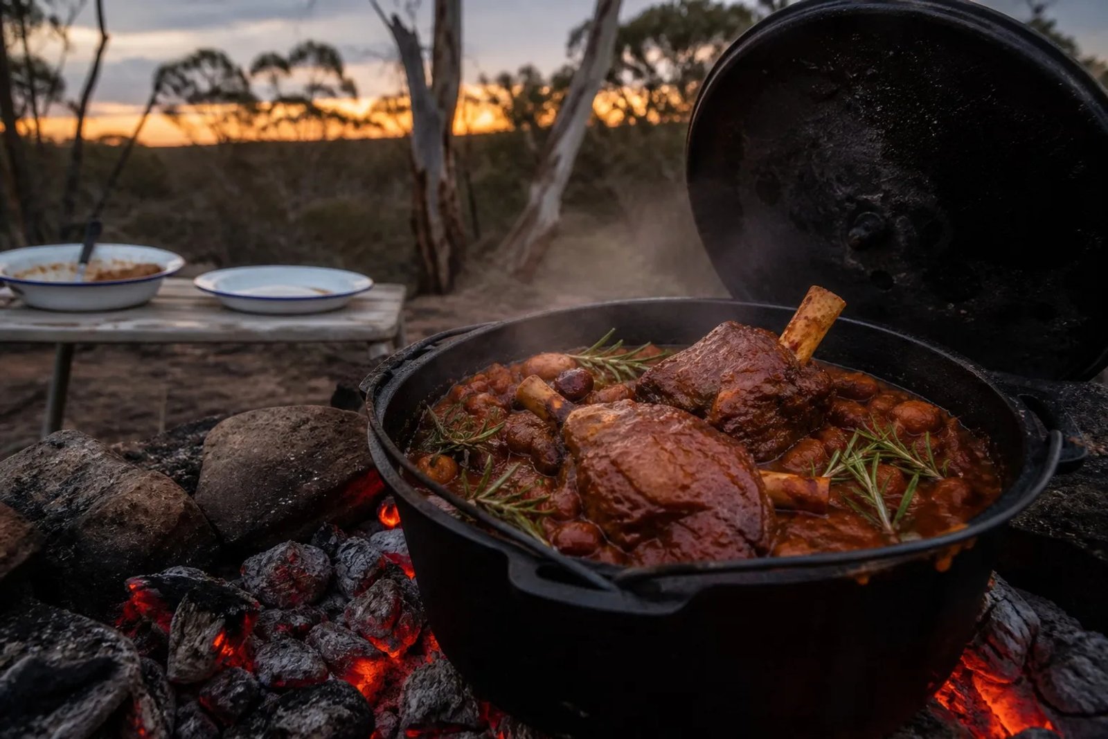 A cast-iron camp oven with braised lamb shanks in a rich red wine and tomato sauce, nestled among glowing campfire coals at dusk in the Australian bush.