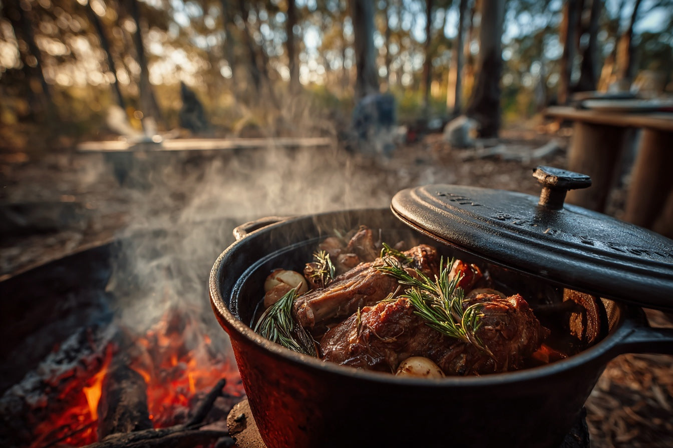 Camp Oven Slow-Cooked Lamb Shoulder with Rosemary and Root Vegetables | Outcamp