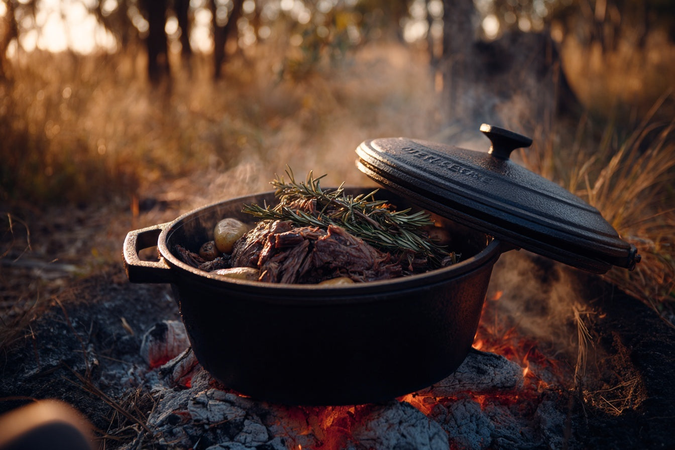 Camp Oven Pulled Lamb Shoulder with Rosemary and Root Vegetables | Outcamp