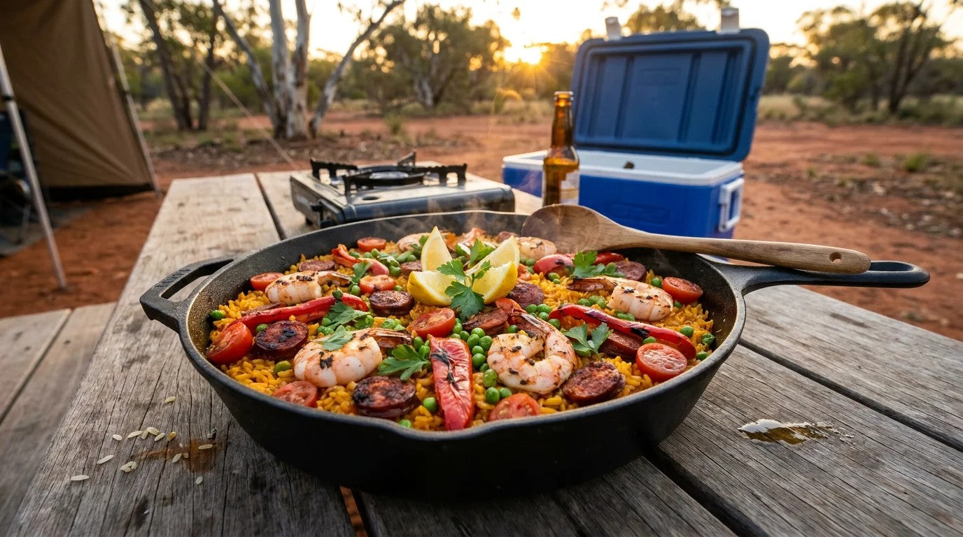 Cast-iron pan of Spanish-style camp paella with golden saffron rice, charred chorizo slices, plump prawns, cherry tomatoes, peas, capsicum and lemon wedges, on a weathered timber table at a remote outback bush camp at golden hour.