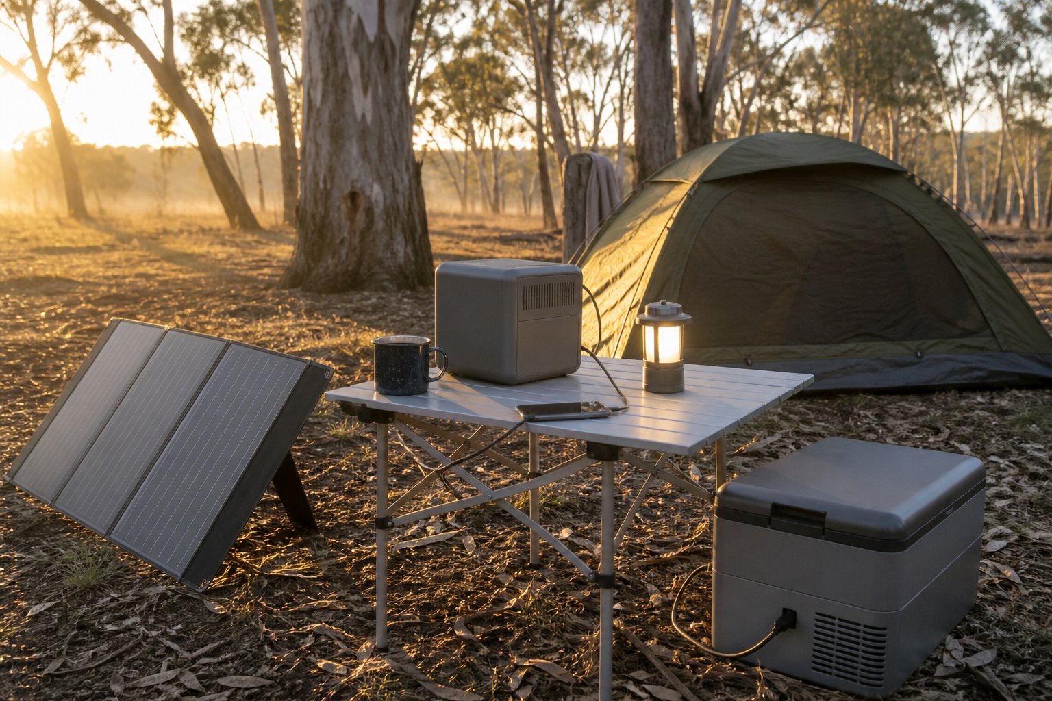 Golden-hour Australian bush camp: dome tent among eucalypts, folding table with an unbranded portable power station and LED lantern, a 12V cable to a small camp fridge, and a folded solar blanket angled toward the sun.