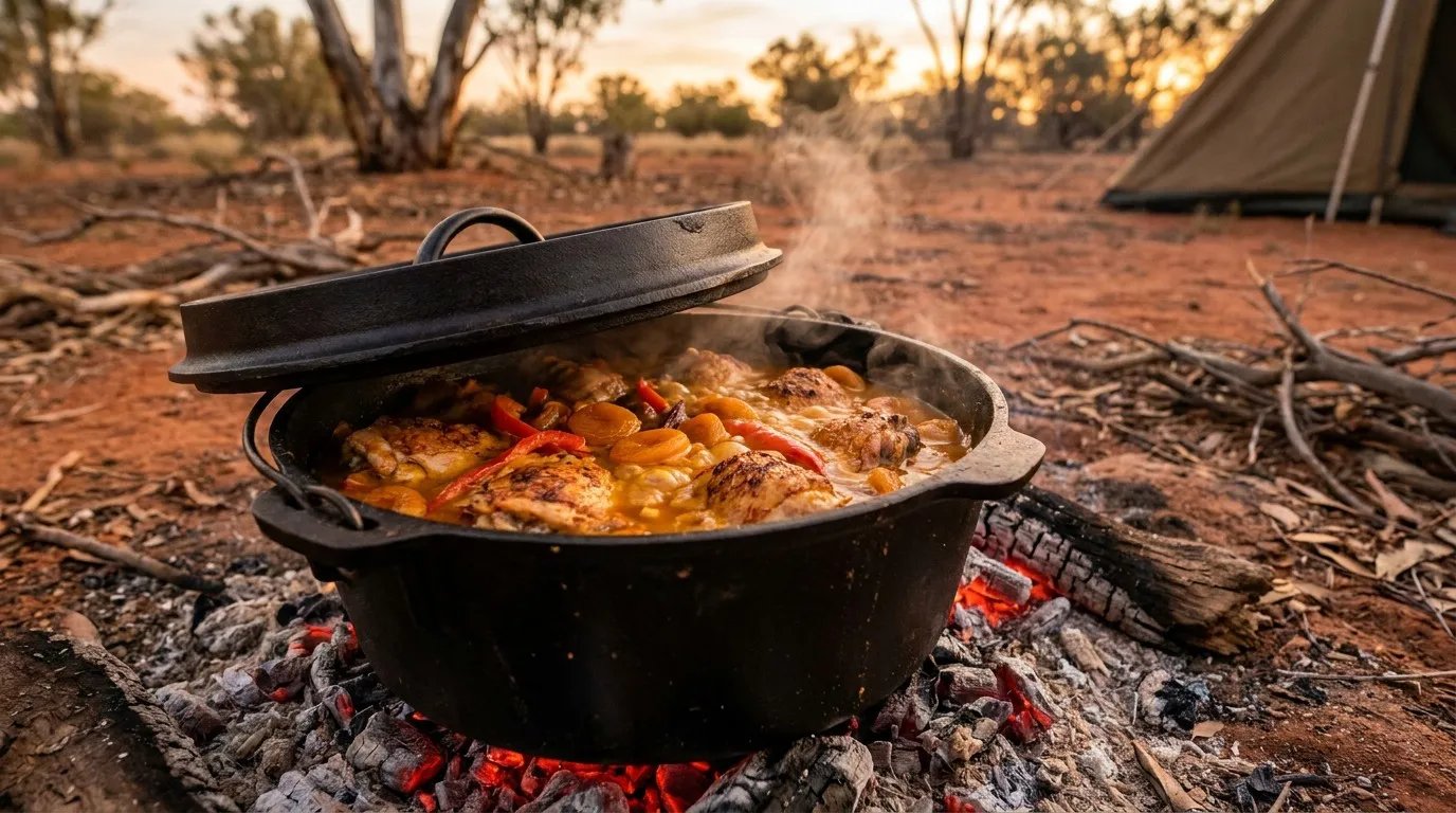 A seasoned black cast-iron camp oven nestled on campfire coals with its lid slightly open, showing a bubbling rich orange-gold apricot chicken stew with tender chicken thighs, sliced red capsicums, and dried apricots