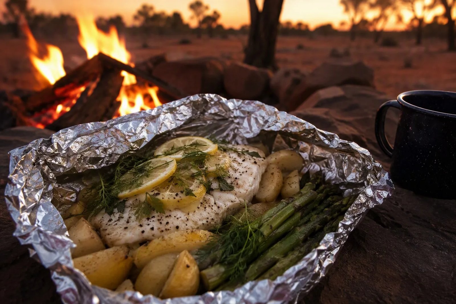 A freshly opened silver foil parcel on a campfire reveal a steamed Barramundi fillet with lemon slices, fresh dill, and roasted Kipfler potatoes in an outback setting.