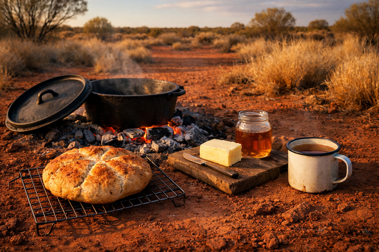 Traditional Australian campfire damper bread with camp oven and bush honey | Outcamp