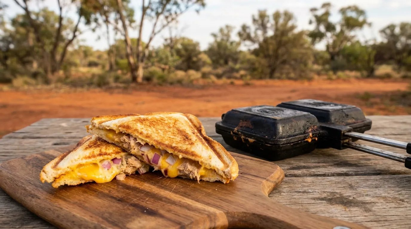 Two golden-brown toasted campfire tuna and cheddar melt jaffles cut diagonally in half, arranged on a wooden board with a cast-iron double jaffle iron on a rustic timber table at sunset